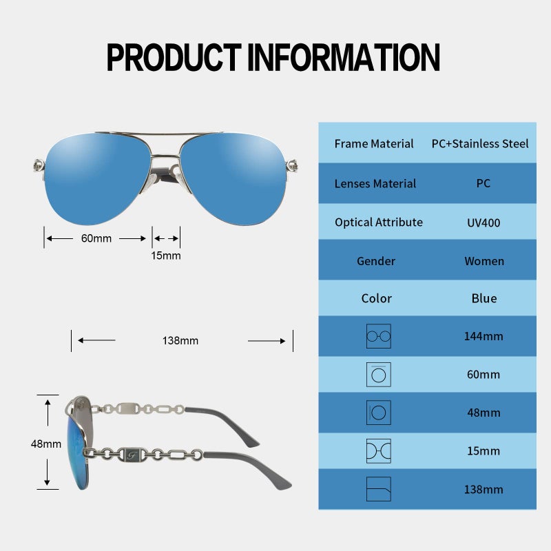 FONHCOO Aviator Sunglasses for Women Men Oversized Metal Frame UV400 Mirrored Sunglasses (blue) - Image 4